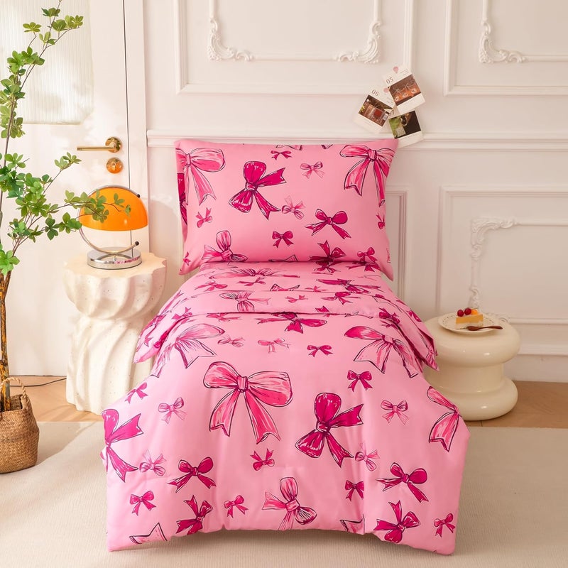 SDIII 4 Piece Pink Bow Girl Toddler Bedding Set, Cute Bowknot Princess Toddler Bedding Set with Comforter, Fitted Sheet, Flat Sheet and Pillowcase - Image 1